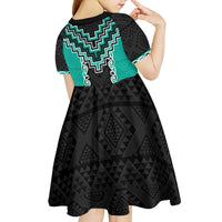 Teal Niho Taniwha Mix Poutama Kid Short Sleeve Dress Unique Taniko Aotearoa