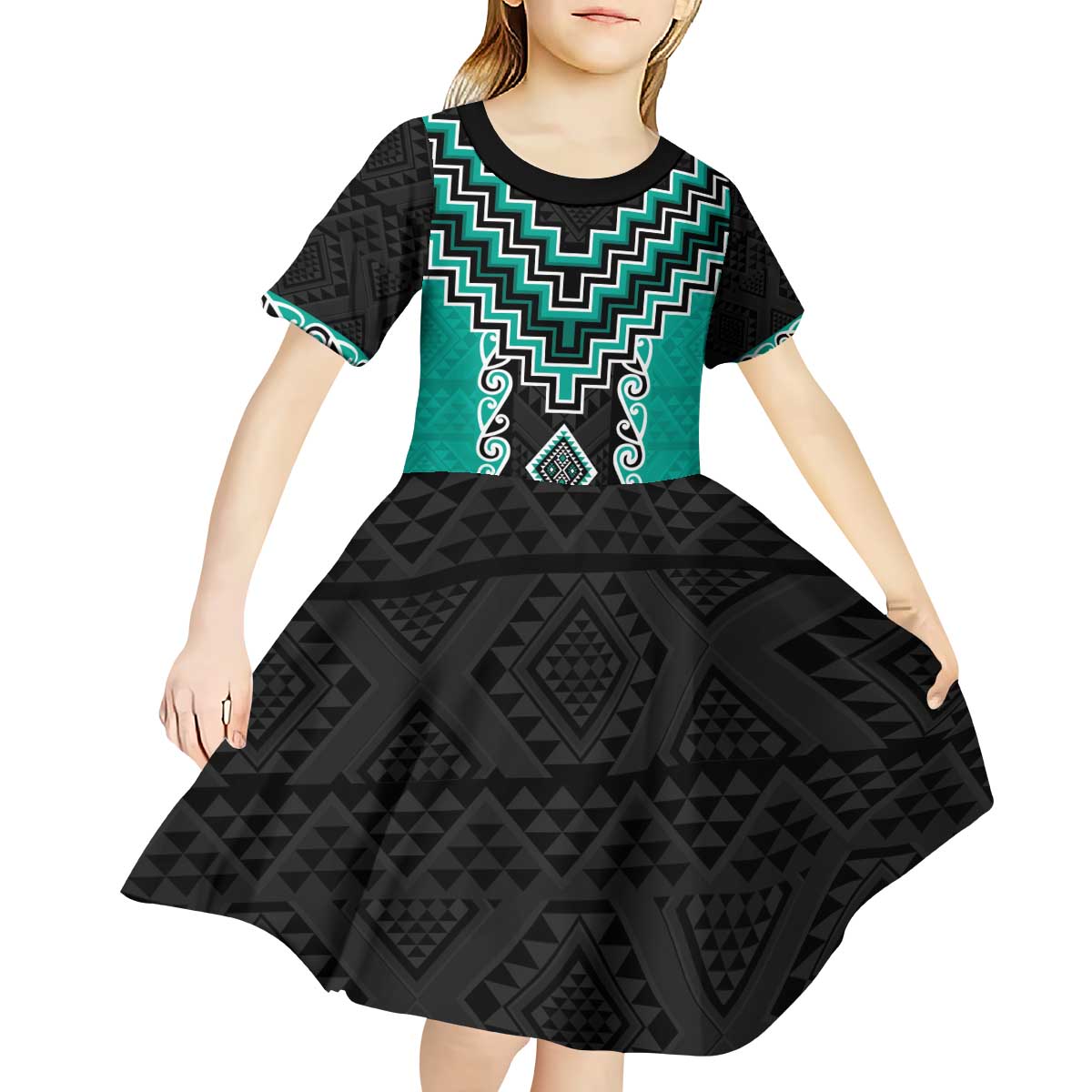 Teal Niho Taniwha Mix Poutama Kid Short Sleeve Dress Unique Taniko Aotearoa