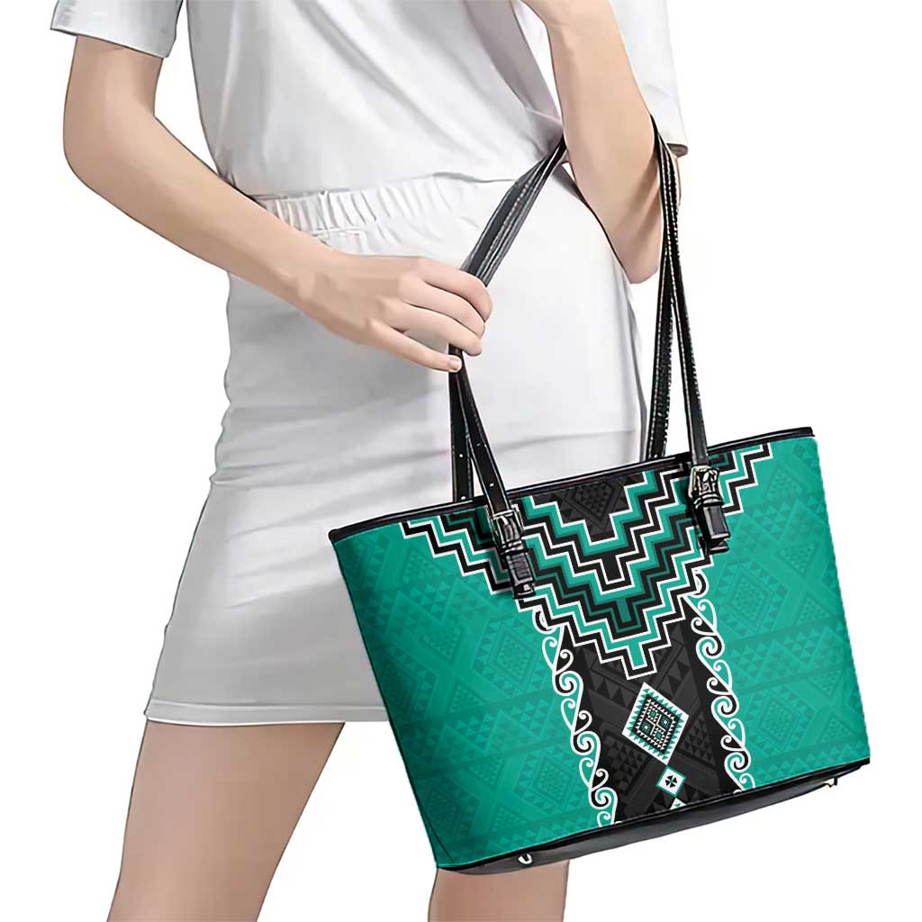 Teal Niho Taniwha Mix Poutama Leather Tote Bag Unique Taniko Aotearoa