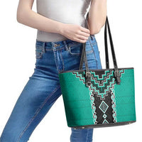 Teal Niho Taniwha Mix Poutama Leather Tote Bag Unique Taniko Aotearoa