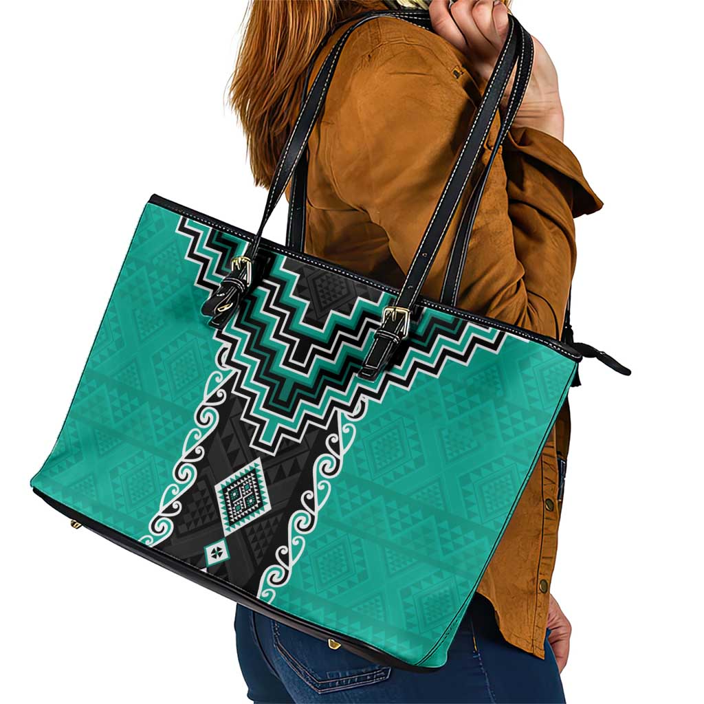 Teal Niho Taniwha Mix Poutama Leather Tote Bag Unique Taniko Aotearoa