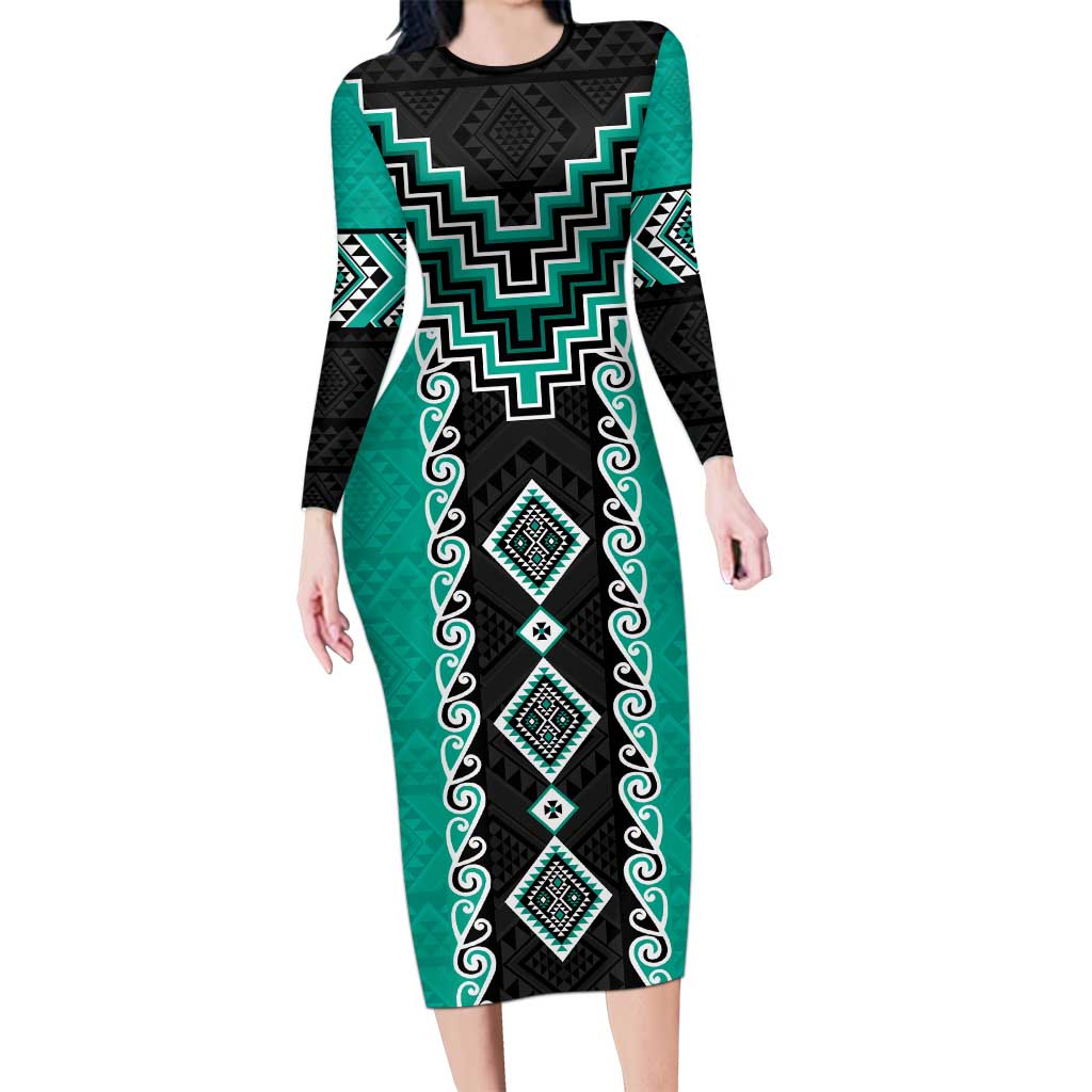 Teal Niho Taniwha Mix Poutama Long Sleeve Bodycon Dress Unique Taniko Aotearoa LT01 Long Dress Teal - Polynesian Pride
