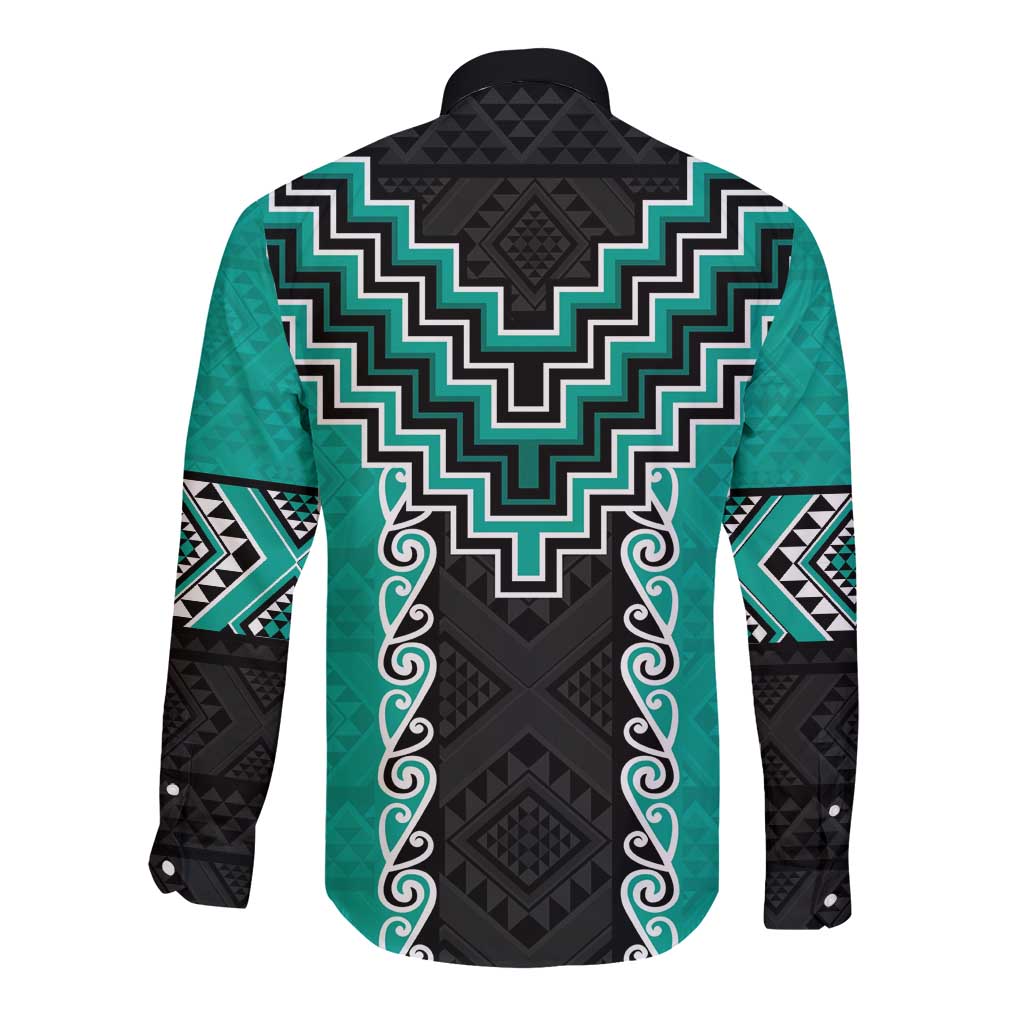 Teal Niho Taniwha Mix Poutama Long Sleeve Button Shirt Unique Taniko Aotearoa