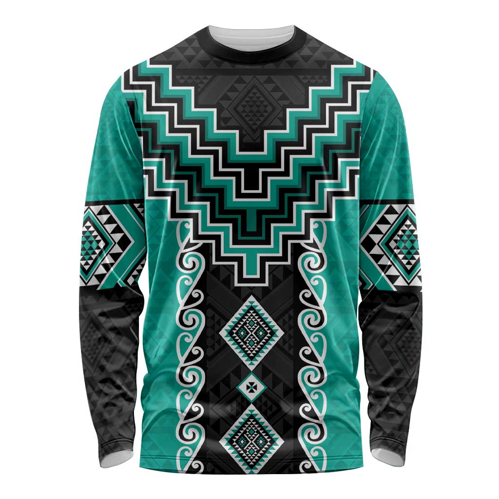 Teal Niho Taniwha Mix Poutama Long Sleeve Shirt Unique Taniko Aotearoa