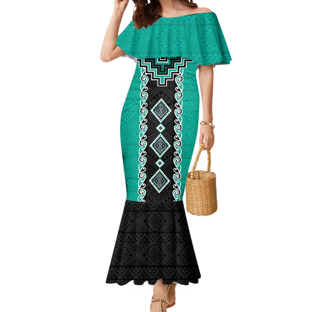 Teal Niho Taniwha Mix Poutama Mermaid Dress Unique Taniko Aotearoa LT01 Women Teal - Polynesian Pride