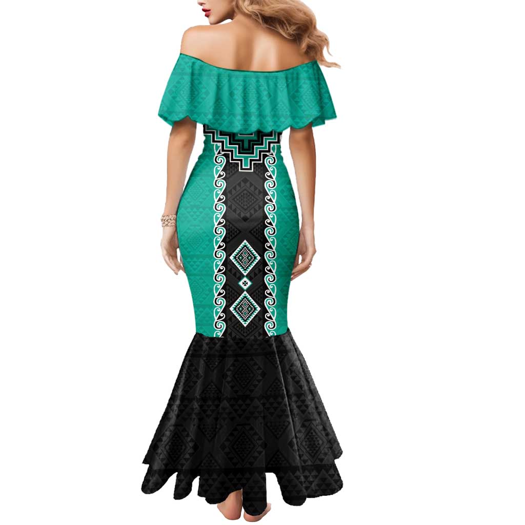 Teal Niho Taniwha Mix Poutama Mermaid Dress Unique Taniko Aotearoa