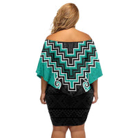 Teal Niho Taniwha Mix Poutama Off Shoulder Short Dress Unique Taniko Aotearoa