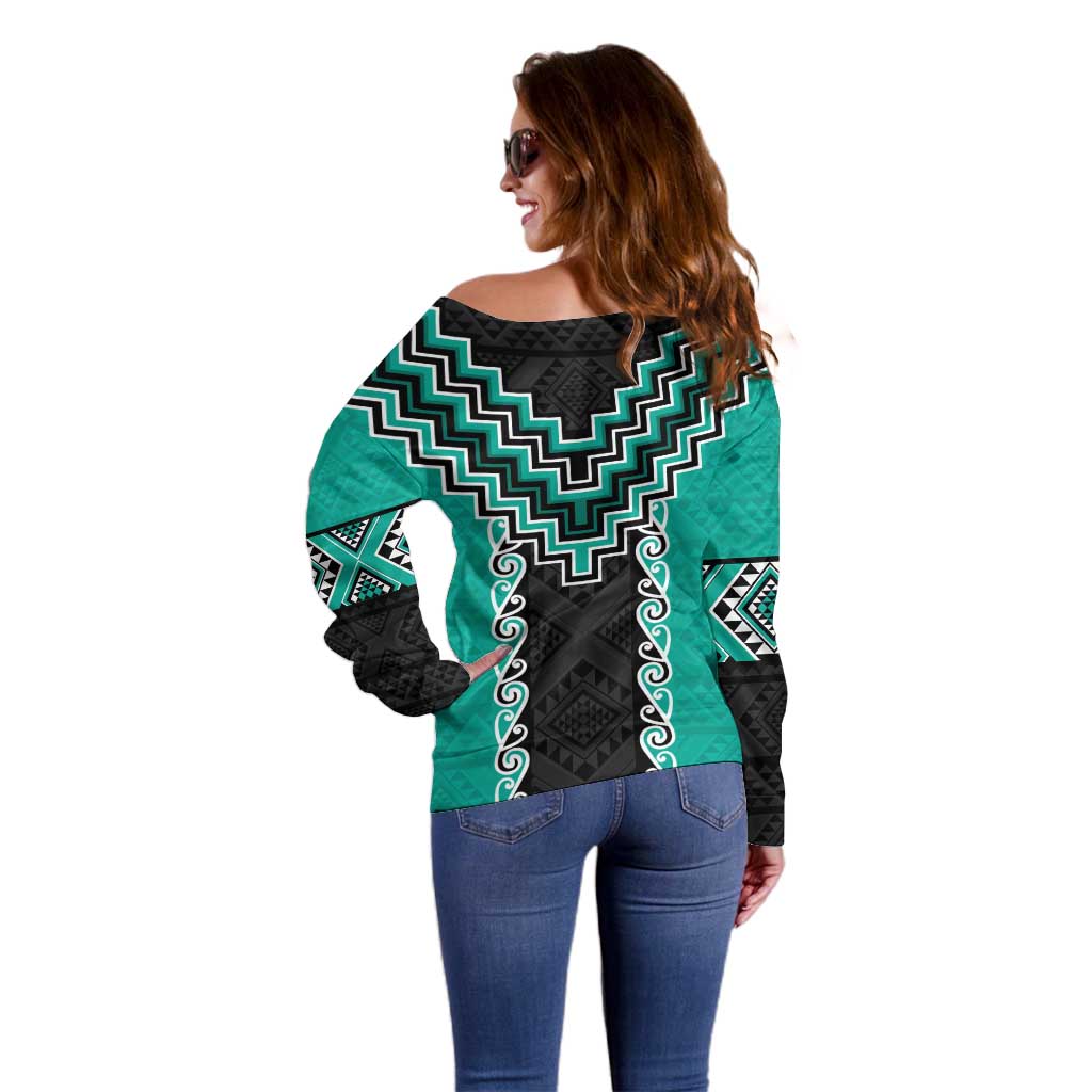 Teal Niho Taniwha Mix Poutama Off Shoulder Sweater Unique Taniko Aotearoa