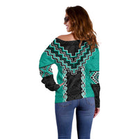 Teal Niho Taniwha Mix Poutama Off Shoulder Sweater Unique Taniko Aotearoa