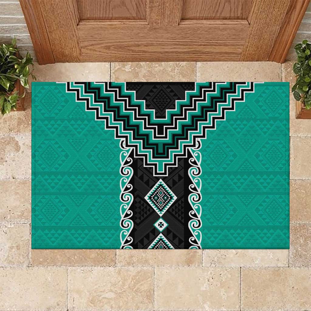 Teal Niho Taniwha Mix Poutama Rubber Doormat Unique Taniko Aotearoa