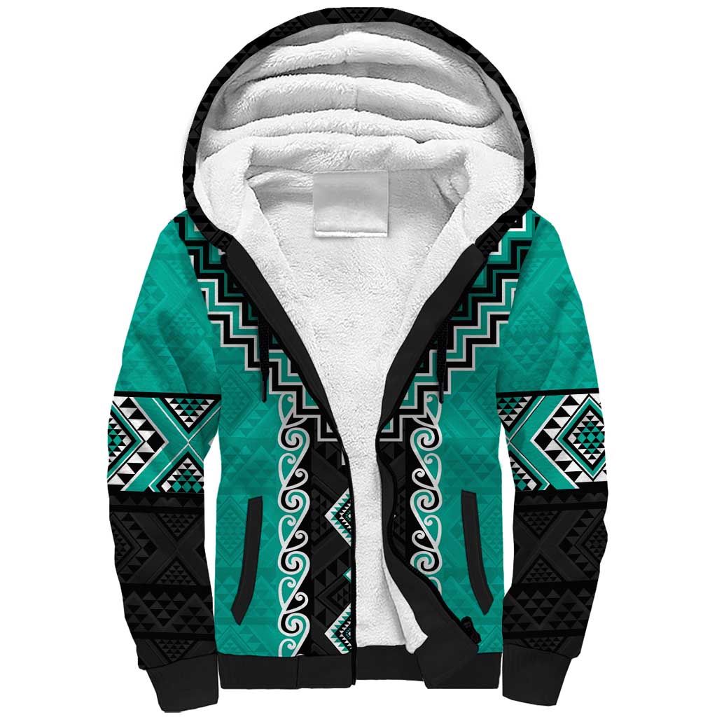 Teal Niho Taniwha Mix Poutama Sherpa Hoodie Unique Taniko Aotearoa
