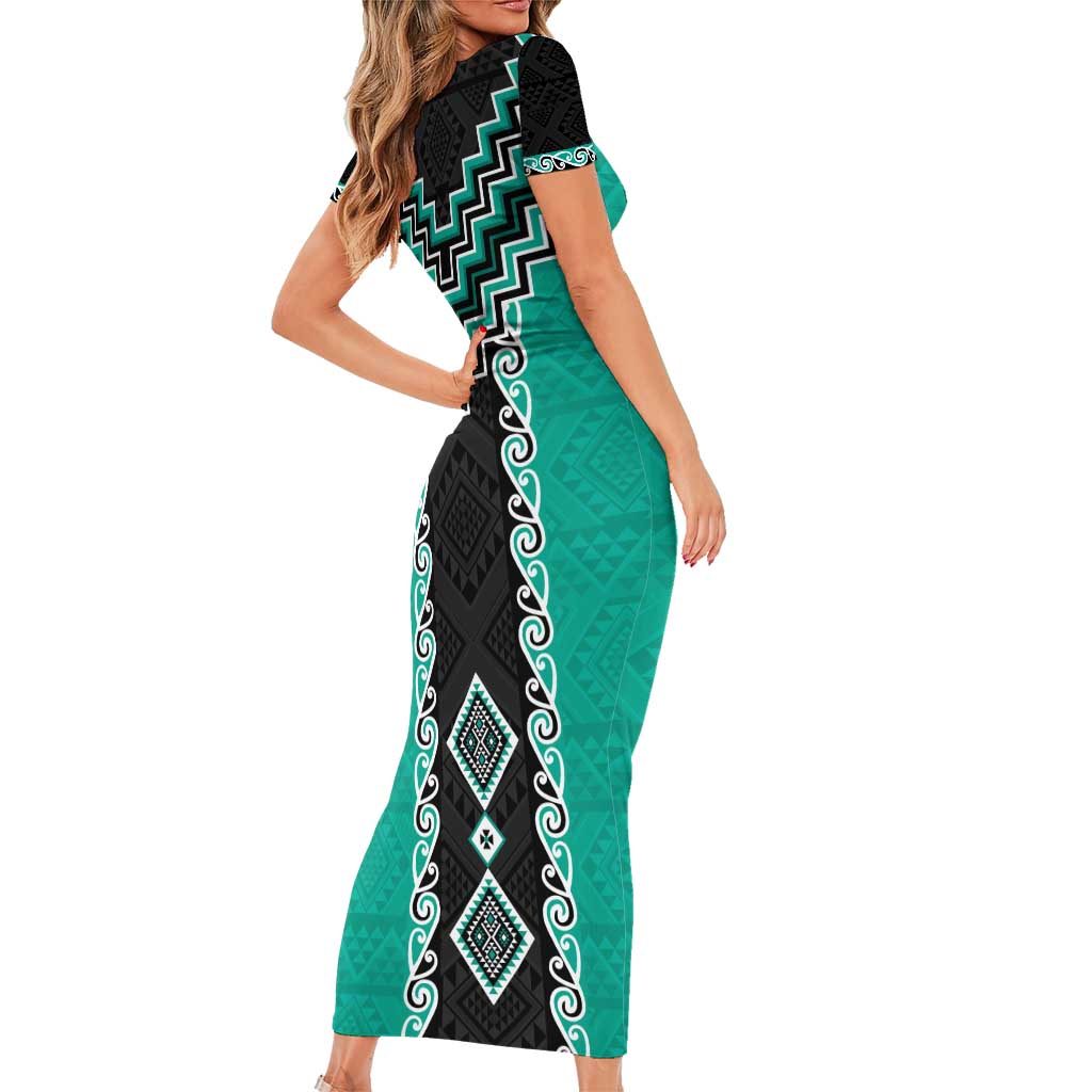 Teal Niho Taniwha Mix Poutama Short Sleeve Bodycon Dress Unique Taniko Aotearoa LT01 - Polynesian Pride