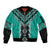 Teal Niho Taniwha Mix Poutama Sleeve Zip Bomber Jacket Unique Taniko Aotearoa