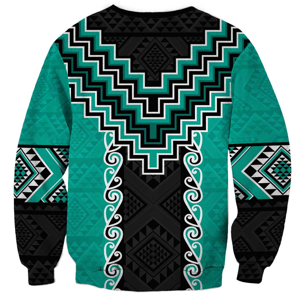 Teal Niho Taniwha Mix Poutama Sweatshirt Unique Taniko Aotearoa