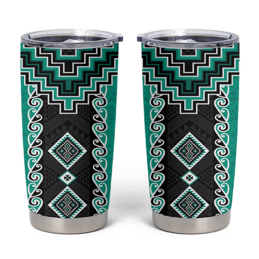 Teal Niho Taniwha Mix Poutama Tumbler Cup Unique Taniko Aotearoa