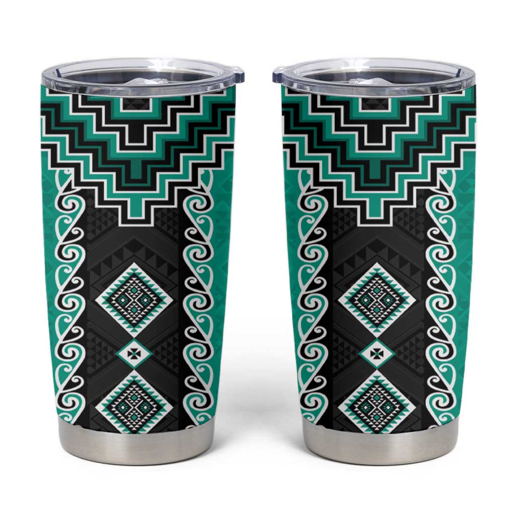 Teal Niho Taniwha Mix Poutama Tumbler Cup Unique Taniko Aotearoa