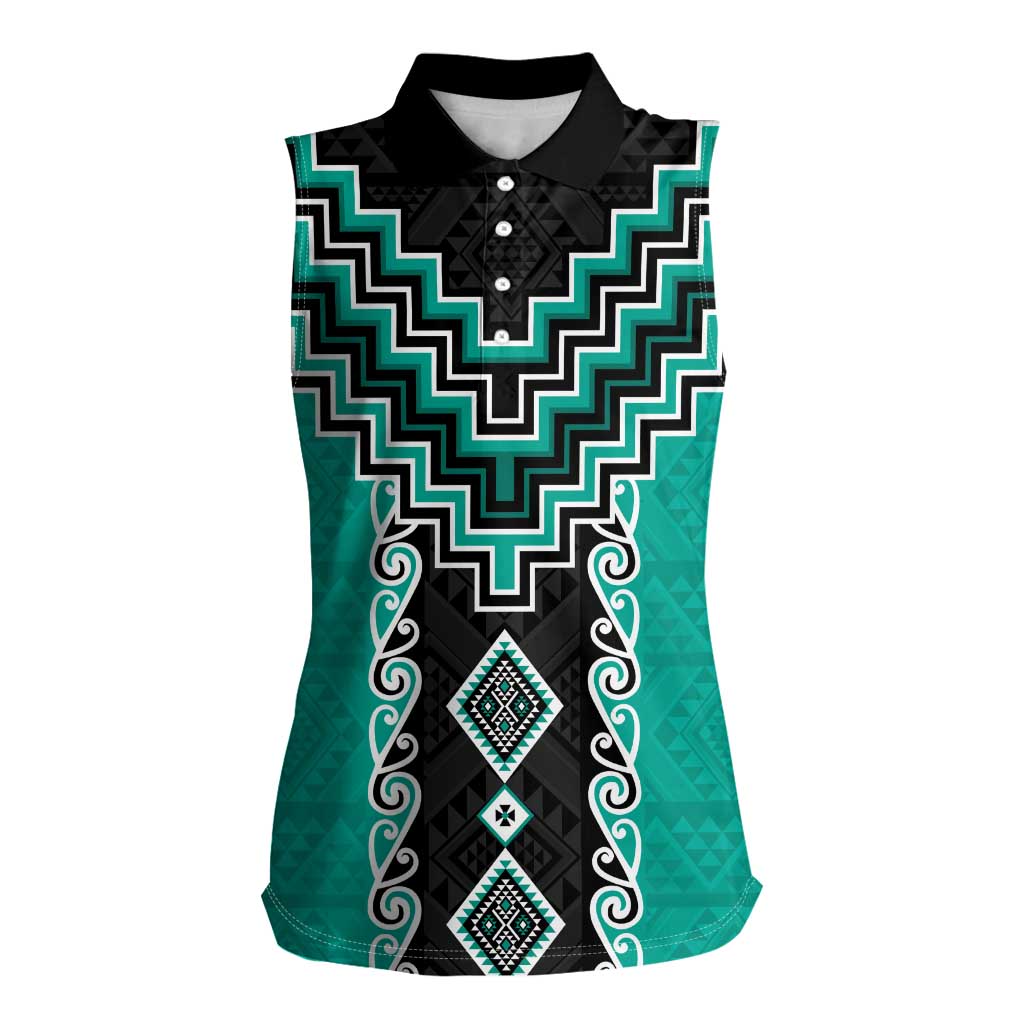 Teal Niho Taniwha Mix Poutama Women Sleeveless Polo Shirt Unique Taniko Aotearoa