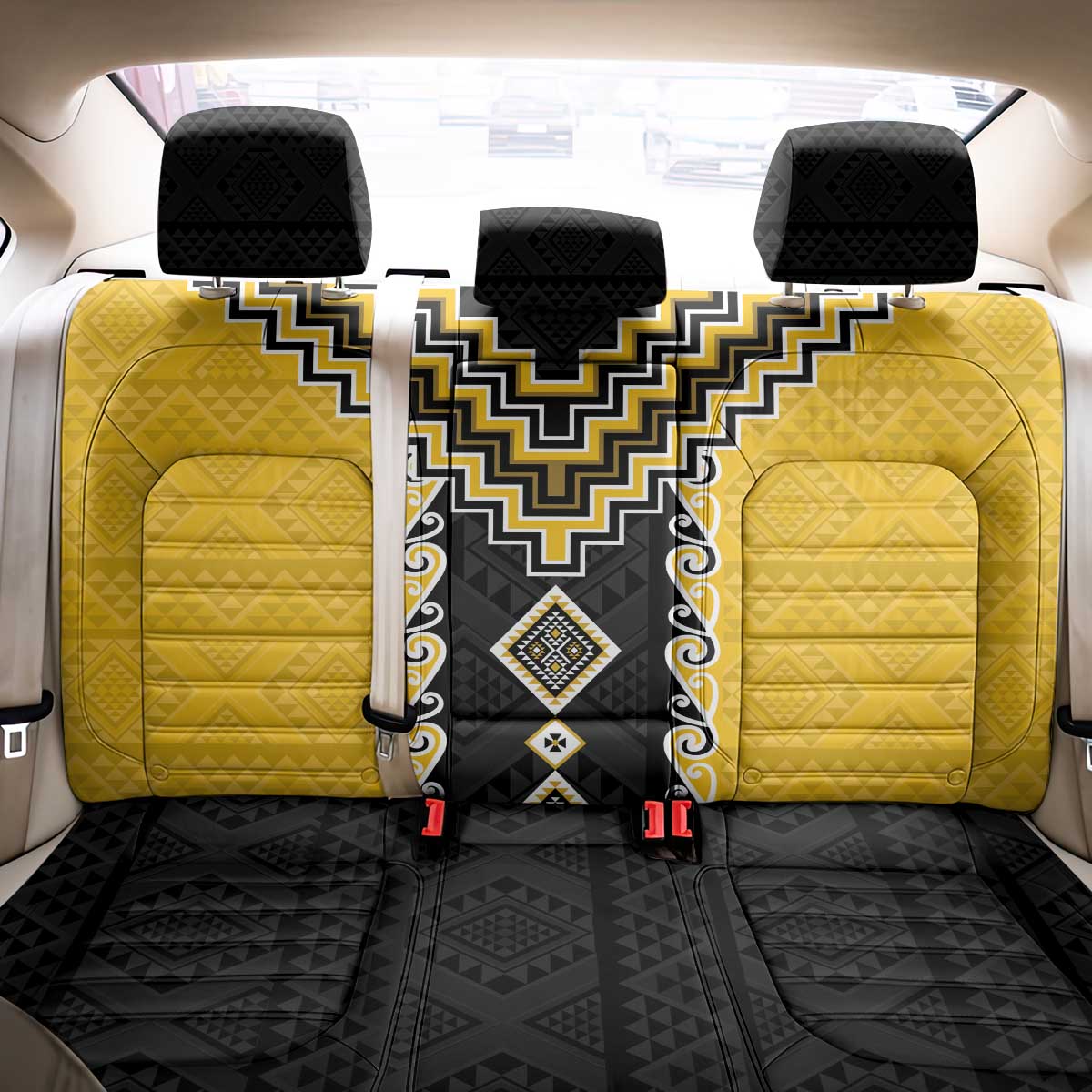 Yellow Niho Taniwha Mix Poutama Back Car Seat Cover Unique Taniko Aotearoa