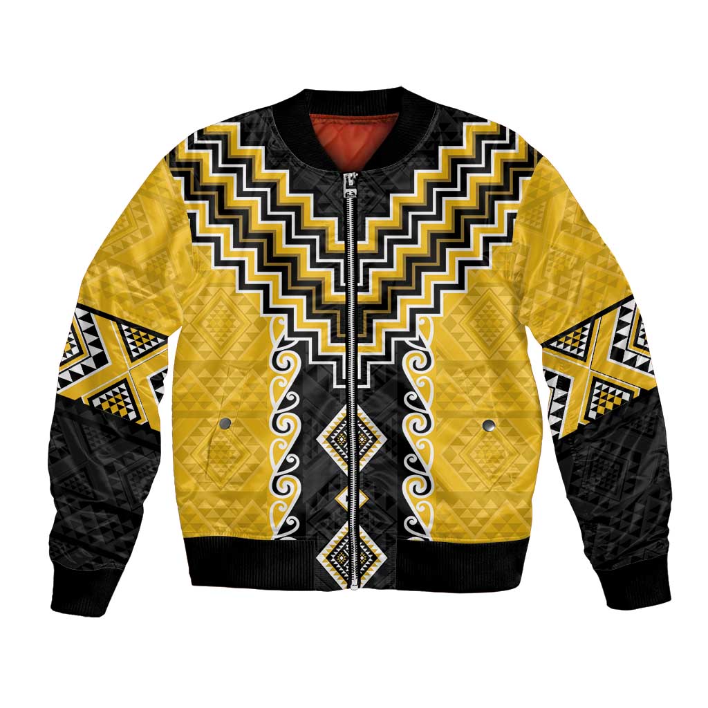 Yellow Niho Taniwha Mix Poutama Bomber Jacket Unique Taniko Aotearoa LT01 Unisex Yellow - Polynesian Pride