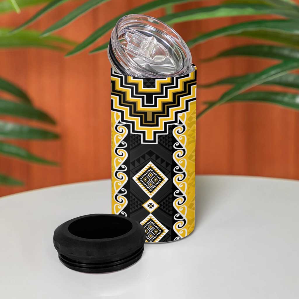 Yellow Niho Taniwha Mix Poutama 4 in 1 Can Cooler Tumbler Unique Taniko Aotearoa