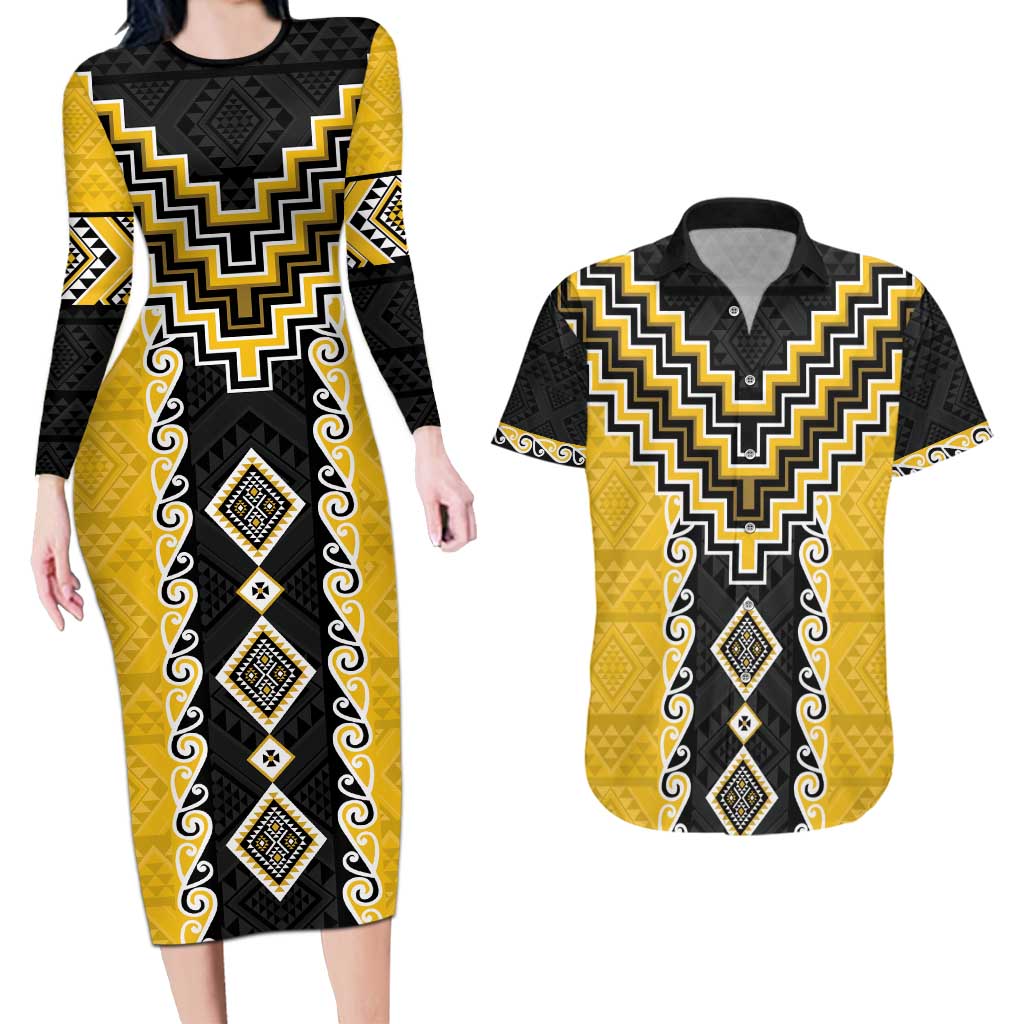 Yellow Niho Taniwha Mix Poutama Couples Matching Long Sleeve Bodycon Dress and Hawaiian Shirt Unique Taniko Aotearoa