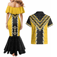 Yellow Niho Taniwha Mix Poutama Couples Matching Mermaid Dress and Hawaiian Shirt Unique Taniko Aotearoa