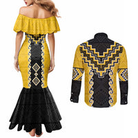 Yellow Niho Taniwha Mix Poutama Couples Matching Mermaid Dress and Long Sleeve Button Shirt Unique Taniko Aotearoa LT01 - Polynesian Pride