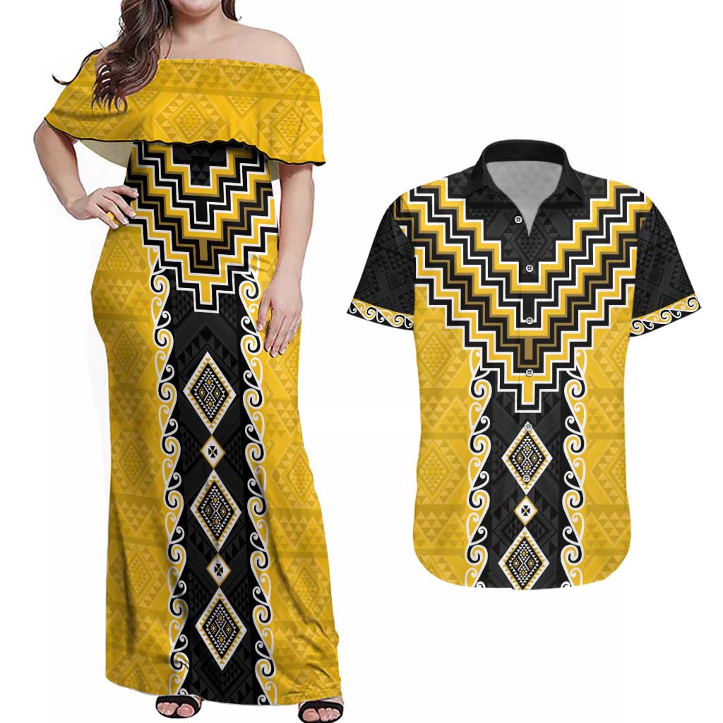 Yellow Niho Taniwha Mix Poutama Couples Matching Off Shoulder Maxi Dress and Hawaiian Shirt Unique Taniko Aotearoa