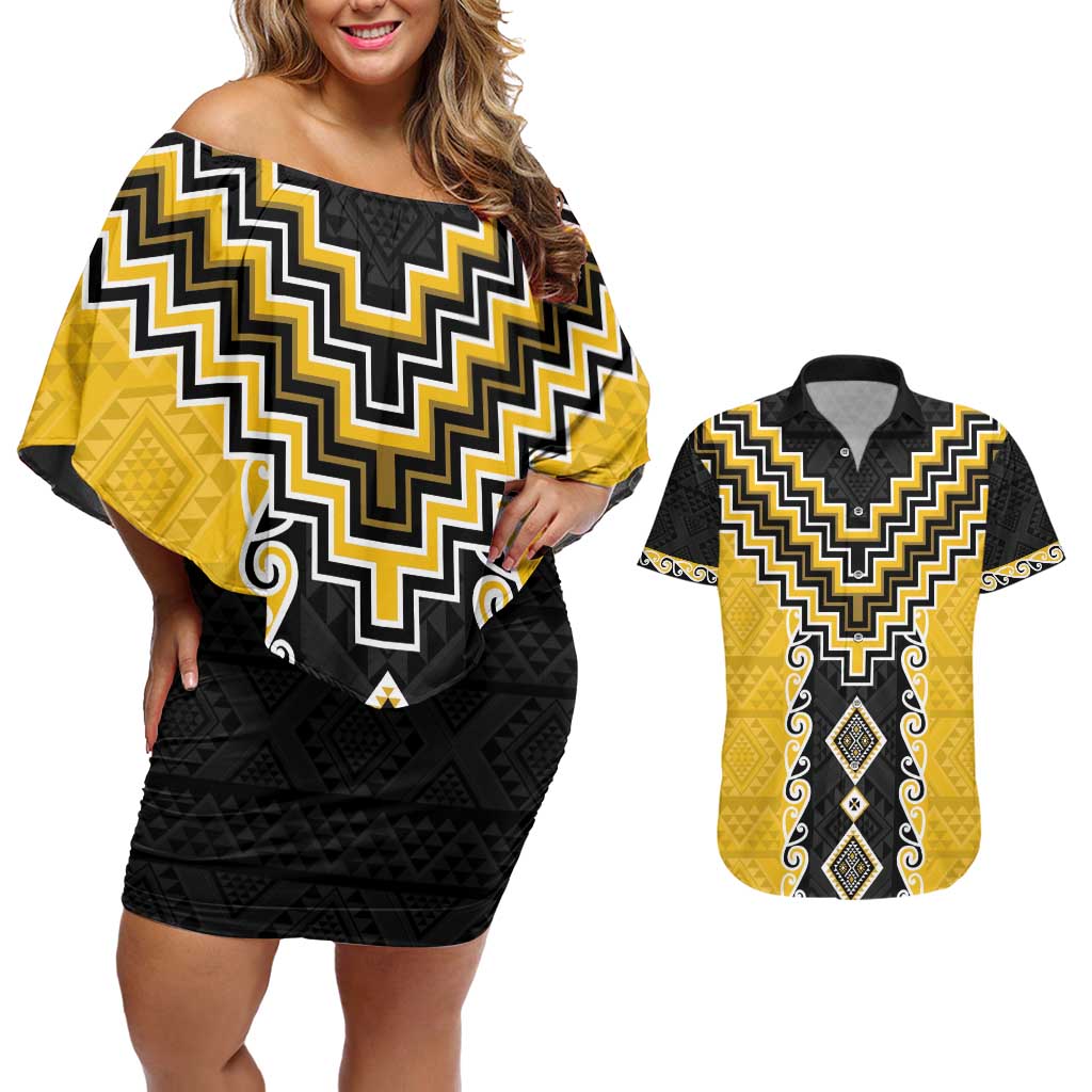Yellow Niho Taniwha Mix Poutama Couples Matching Off Shoulder Short Dress and Hawaiian Shirt Unique Taniko Aotearoa
