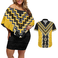 Yellow Niho Taniwha Mix Poutama Couples Matching Off Shoulder Short Dress and Hawaiian Shirt Unique Taniko Aotearoa