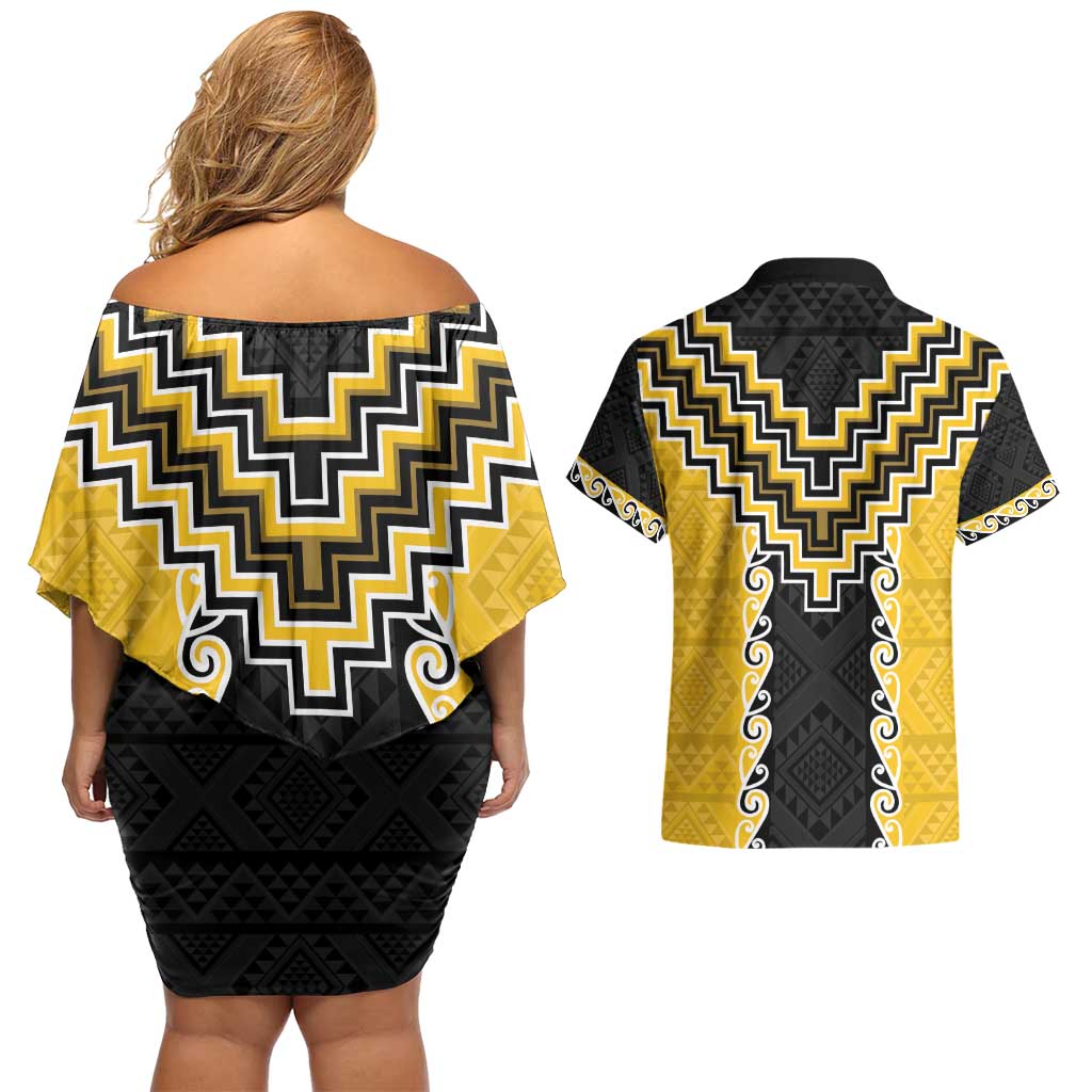 Yellow Niho Taniwha Mix Poutama Couples Matching Off Shoulder Short Dress and Hawaiian Shirt Unique Taniko Aotearoa