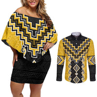 Yellow Niho Taniwha Mix Poutama Couples Matching Off Shoulder Short Dress and Long Sleeve Button Shirt Unique Taniko Aotearoa LT01 Yellow - Polynesian Pride