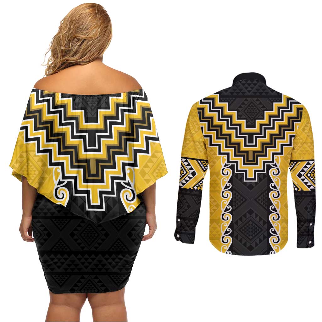 Yellow Niho Taniwha Mix Poutama Couples Matching Off Shoulder Short Dress and Long Sleeve Button Shirt Unique Taniko Aotearoa LT01 - Polynesian Pride