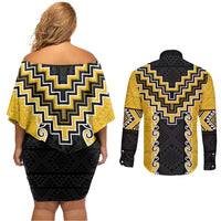Yellow Niho Taniwha Mix Poutama Couples Matching Off Shoulder Short Dress and Long Sleeve Button Shirt Unique Taniko Aotearoa LT01 - Polynesian Pride