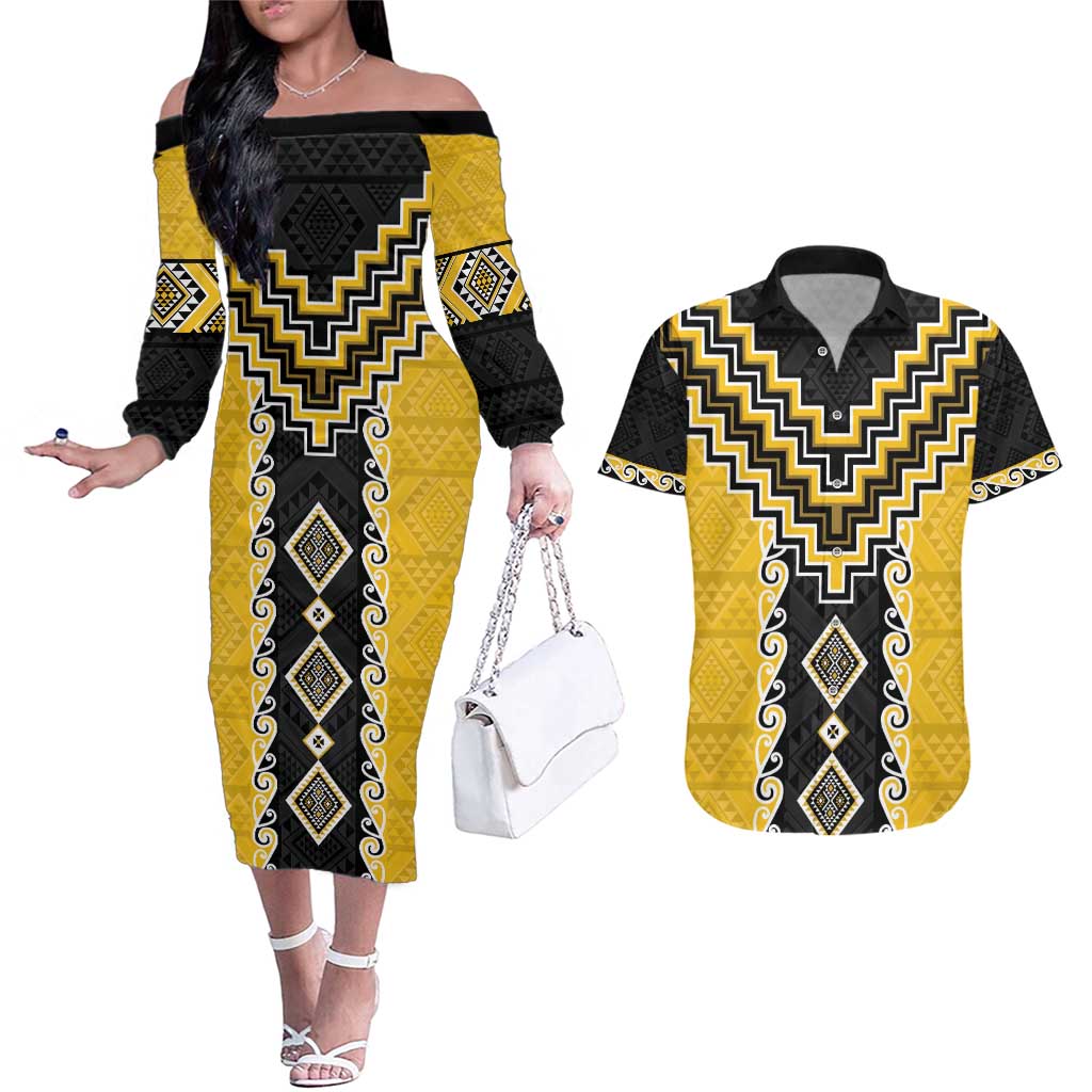 Yellow Niho Taniwha Mix Poutama Couples Matching Off The Shoulder Long Sleeve Dress and Hawaiian Shirt Unique Taniko Aotearoa