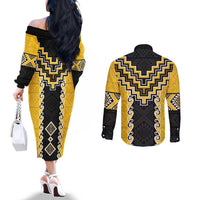Yellow Niho Taniwha Mix Poutama Couples Matching Off The Shoulder Long Sleeve Dress and Long Sleeve Button Shirt Unique Taniko Aotearoa