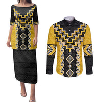 Yellow Niho Taniwha Mix Poutama Couples Matching Puletasi and Long Sleeve Button Shirt Unique Taniko Aotearoa