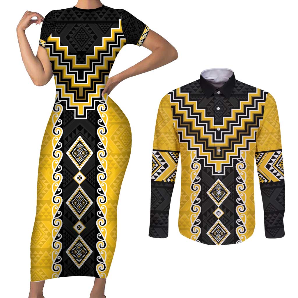 Yellow Niho Taniwha Mix Poutama Couples Matching Short Sleeve Bodycon Dress and Long Sleeve Button Shirt Unique Taniko Aotearoa