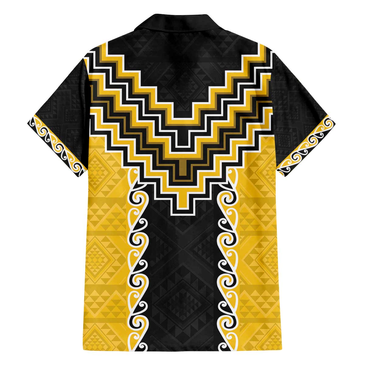 Yellow Niho Taniwha Mix Poutama Family Matching Off The Shoulder Long Sleeve Dress and Hawaiian Shirt Unique Taniko Aotearoa