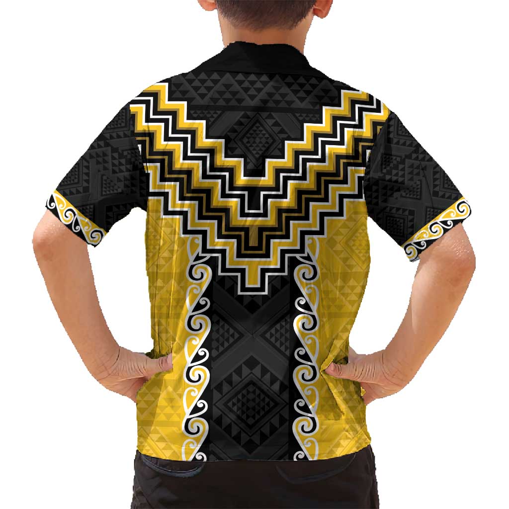 Yellow Niho Taniwha Mix Poutama Family Matching Off Shoulder Maxi Dress and Hawaiian Shirt Unique Taniko Aotearoa