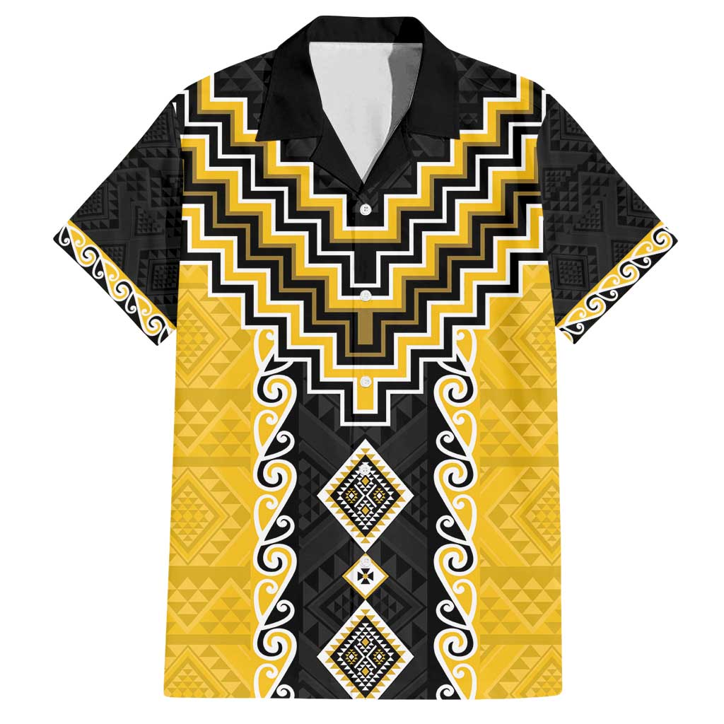 Yellow Niho Taniwha Mix Poutama Family Matching Puletasi and Hawaiian Shirt Unique Taniko Aotearoa