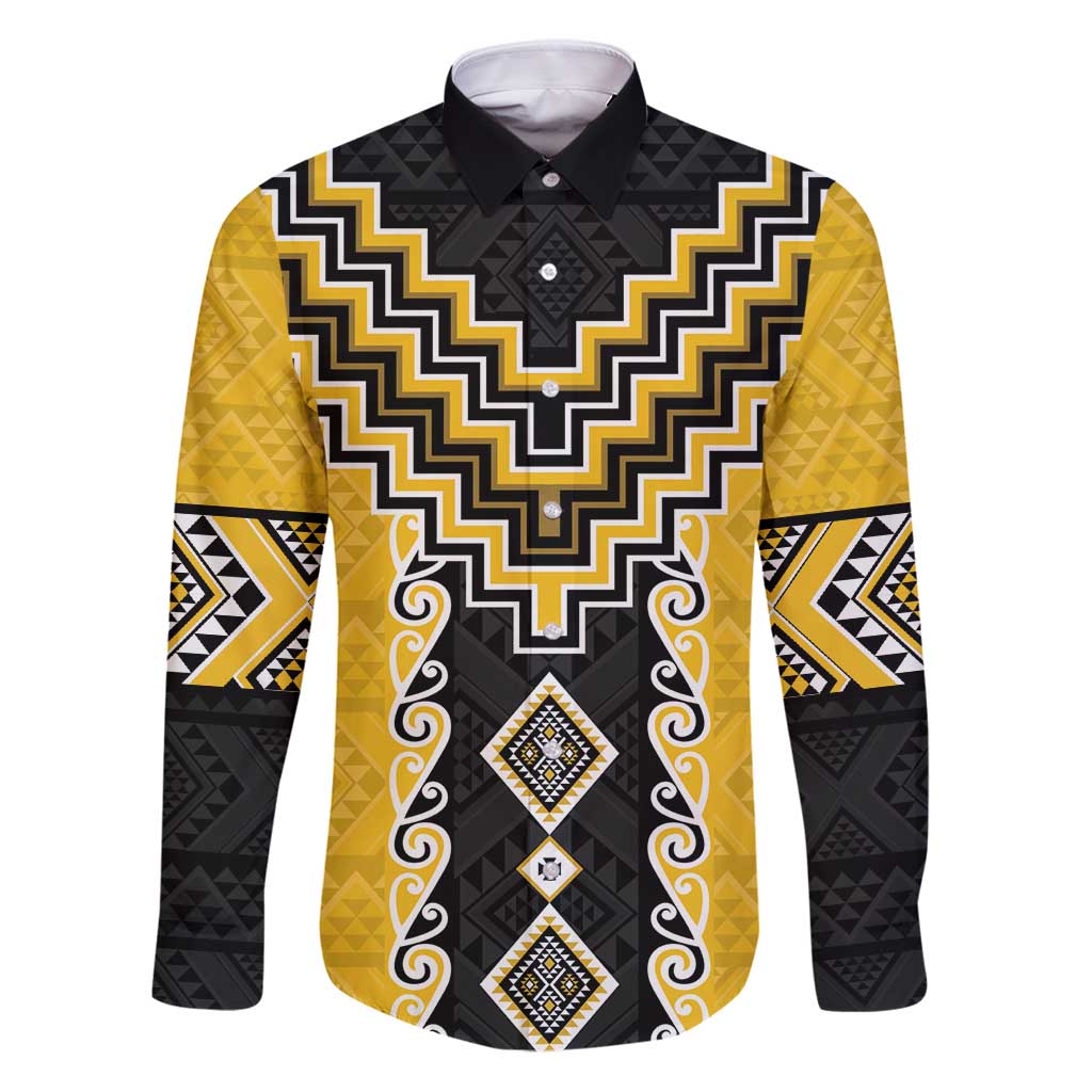 Yellow Niho Taniwha Mix Poutama Family Matching Puletasi and Hawaiian Shirt Unique Taniko Aotearoa