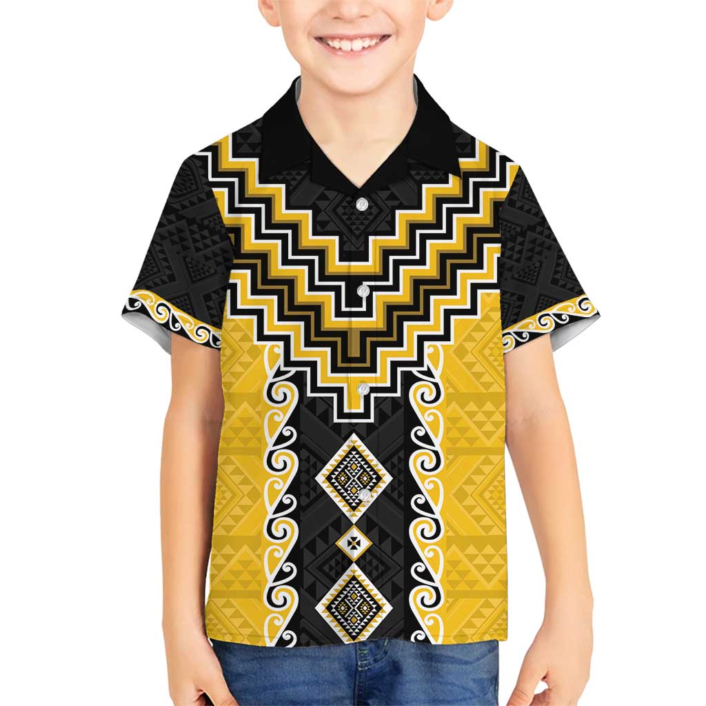 Yellow Niho Taniwha Mix Poutama Family Matching Puletasi and Hawaiian Shirt Unique Taniko Aotearoa
