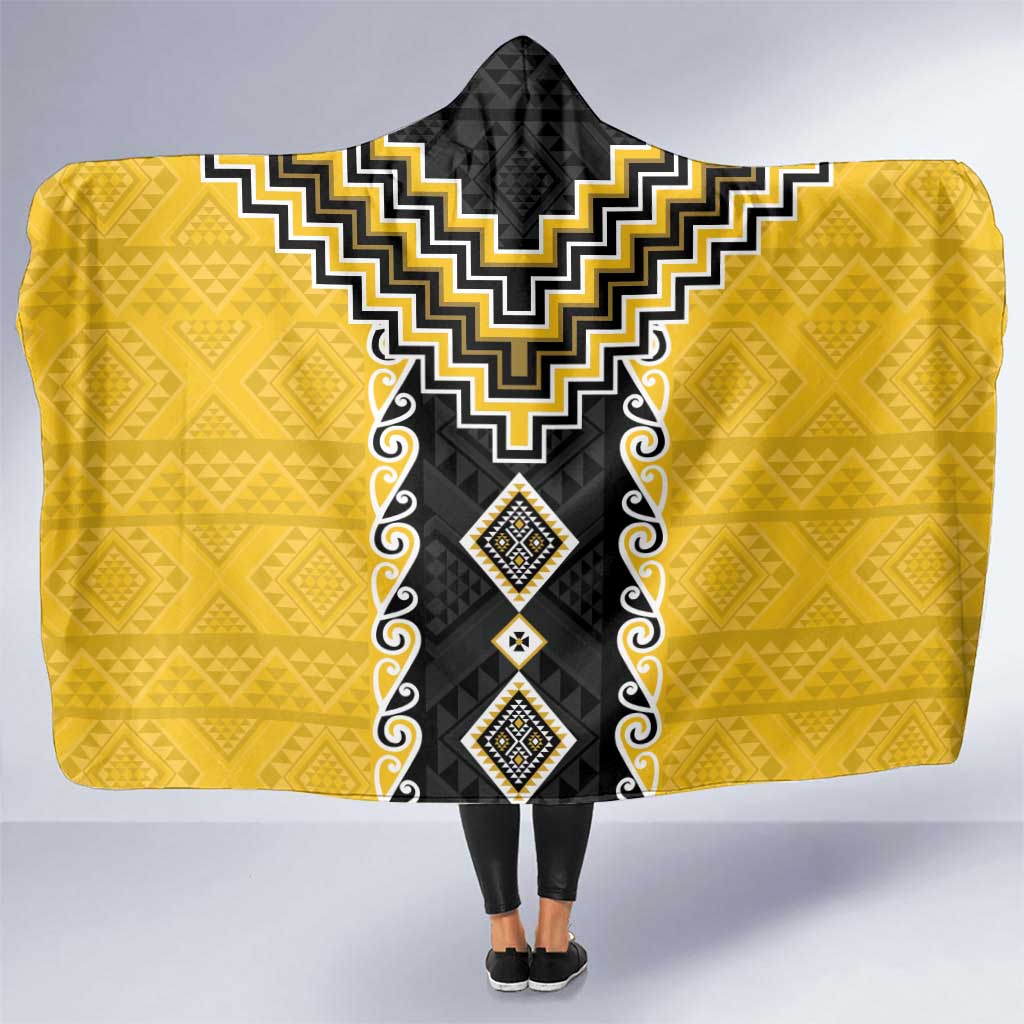 Yellow Niho Taniwha Mix Poutama Hooded Blanket Unique Taniko Aotearoa