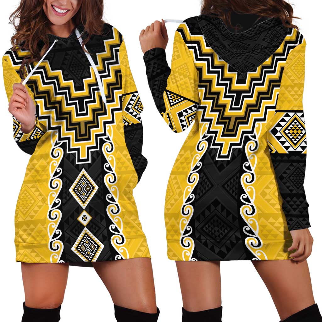 Yellow Niho Taniwha Mix Poutama Hoodie Dress Unique Taniko Aotearoa