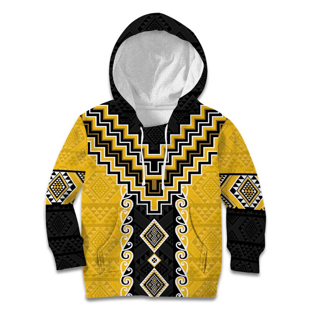 Yellow Niho Taniwha Mix Poutama Kid Hoodie Unique Taniko Aotearoa