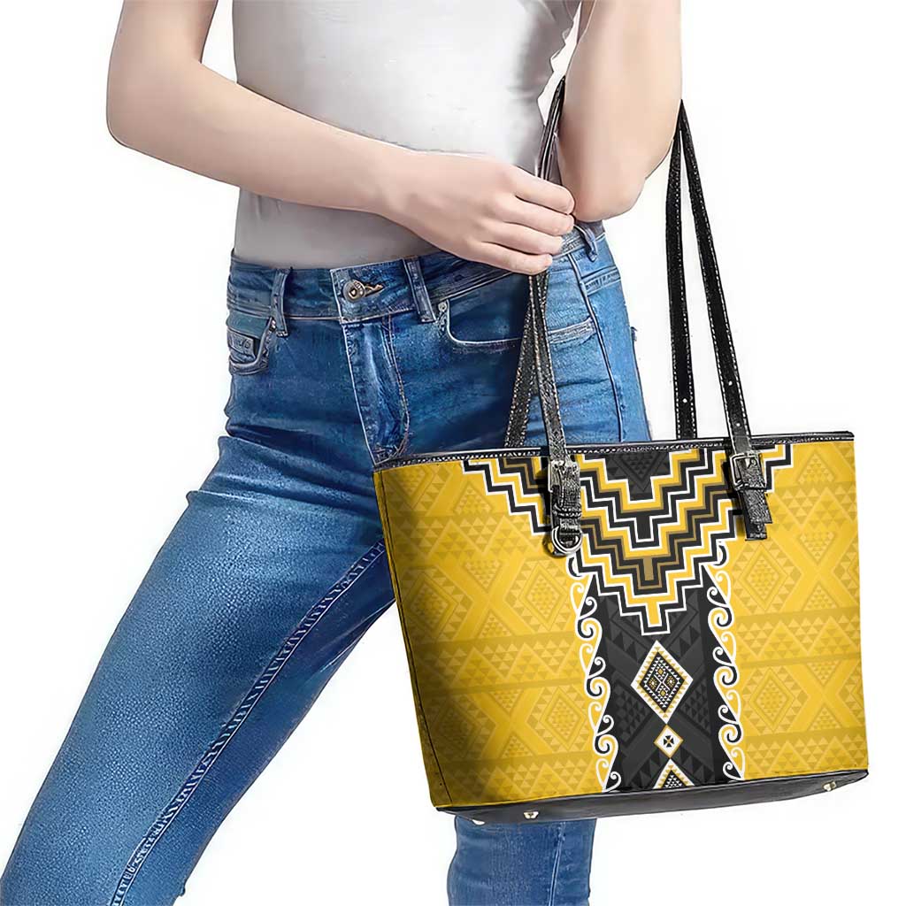 Yellow Niho Taniwha Mix Poutama Leather Tote Bag Unique Taniko Aotearoa