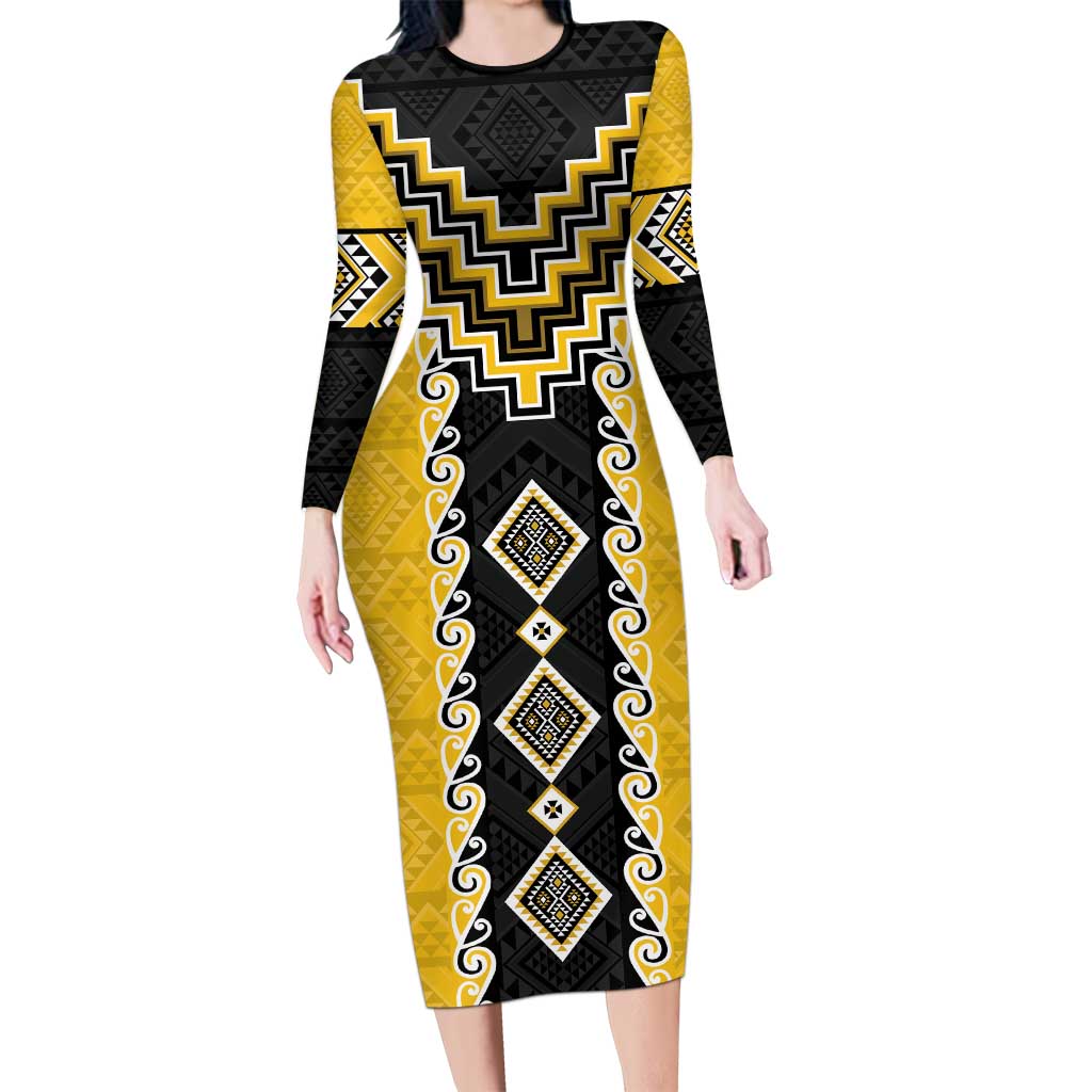 Yellow Niho Taniwha Mix Poutama Long Sleeve Bodycon Dress Unique Taniko Aotearoa LT01 Long Dress Yellow - Polynesian Pride