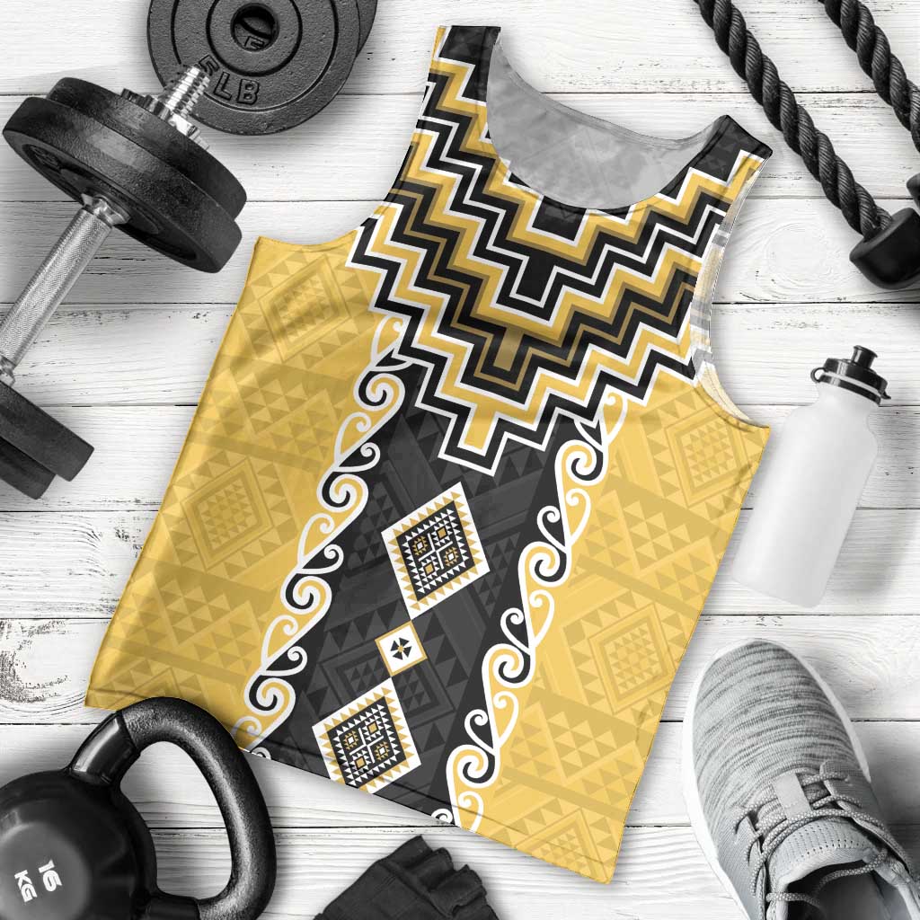Yellow Niho Taniwha Mix Poutama Men Tank Top Unique Taniko Aotearoa