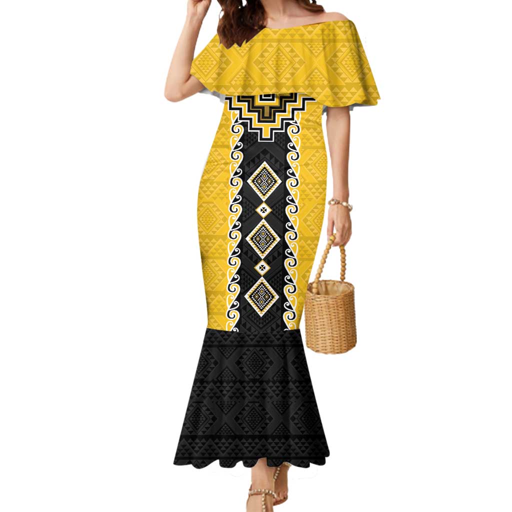 Yellow Niho Taniwha Mix Poutama Mermaid Dress Unique Taniko Aotearoa LT01 Women Yellow - Polynesian Pride
